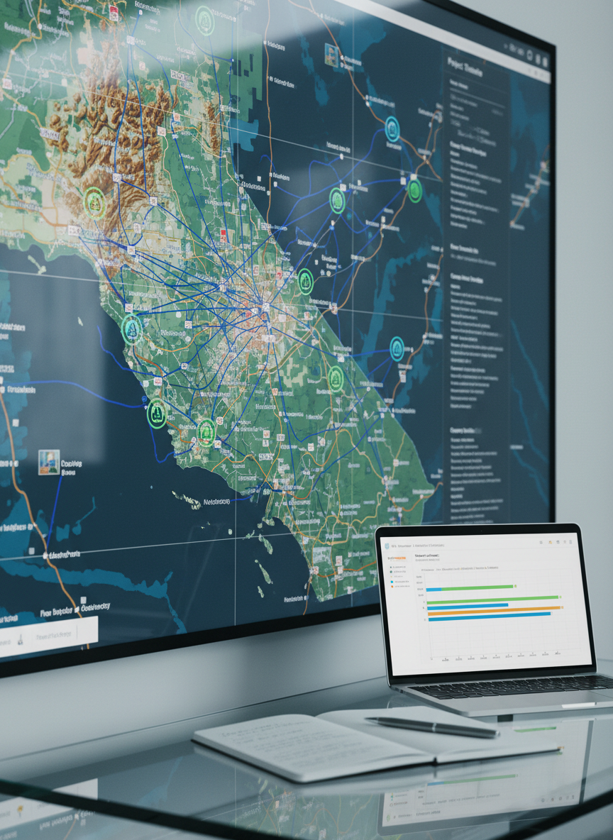 A close-up photographic scene of a large, high-resolution digital map on a glossy wall screen, displaying a regional power grid overlayed with renewable energy project icons in the Orange, California area. Next to it, a minimalist glass-topped desk holds an open notebook, a pen, and a slim laptop showing a detailed project timeline and Gantt-style phases for interconnection and permitting. Cool, diffused office lighting with a slight daylight tint creates even illumination and clear legibility of map details. Shot at a three-quarter angle with shallow depth of field, focusing on the intersection of the map and laptop. The mood is analytical and precise, emphasizing technical grid interconnection planning and data-driven decision-making.