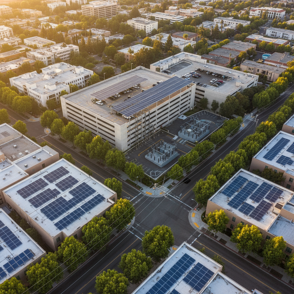 An aerial photographic view of a mid-size city district in Orange, California, showing a coordinated climate action plan in practice: rooftops covered with blue solar panels, a nearby parking structure with a small solar canopy, tree-lined streets, and a compact substation with clearly organized power lines. Golden hour sunlight casts warm highlights on buildings and long, soft shadows across the streets. The composition uses a wide-angle lens from high above, with sharp focus throughout to emphasize interconnected infrastructure. The mood is optimistic and forward-looking, reinforcing the idea of coordinated renewable energy deployment and grid-aware urban design, with a clean, modern aesthetic suited for professional consulting.