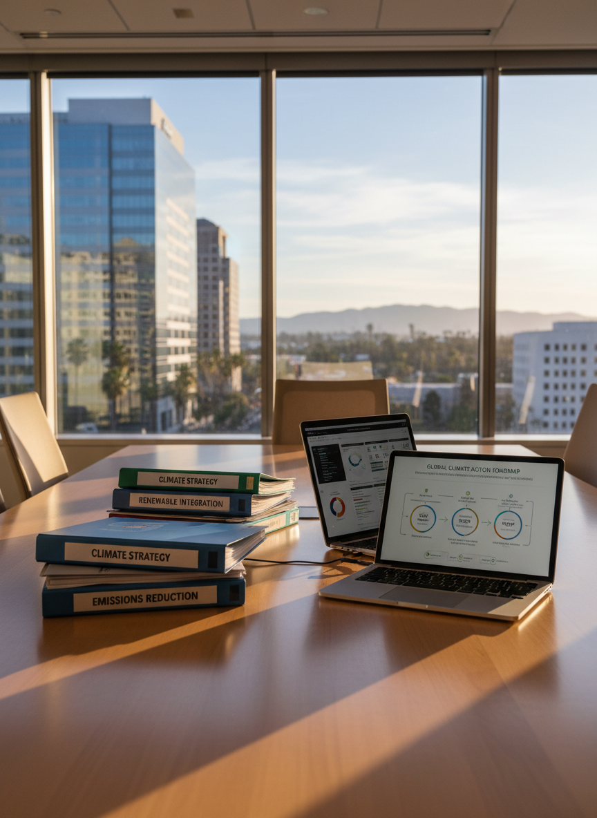 A sleek, modern consulting office conference table made of light ash wood, covered with neatly arranged project binders labeled by color-coded tabs, a thin silver laptop displaying a detailed energy dashboard, and a tablet showing a clean climate action roadmap diagram. Large windows reveal a sunlit Orange, California skyline with a mix of office buildings and distant hills. Late afternoon natural light floods the room, creating soft reflections on the table’s surface and subtle shadows from the devices. Photographic realism, eye-level composition with a slight angle along the table, sharp focus on the documents and screens, gently blurred background. The mood is professional, calm, and strategic, conveying high-level climate planning and executive-ready analysis.